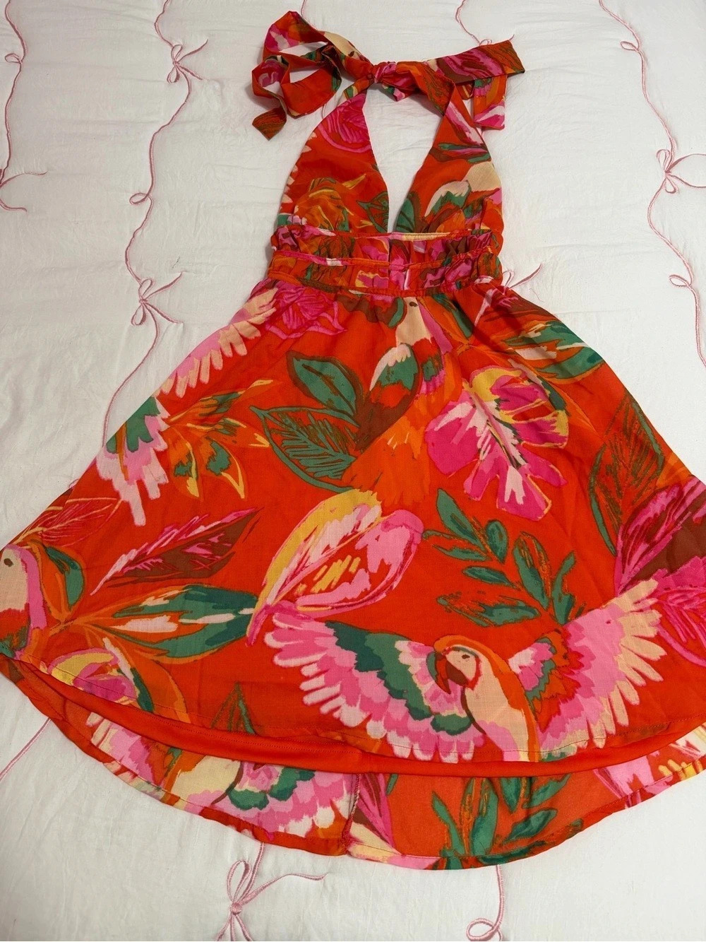 FARM Rio Flying Birds Halter Mini Dress Red & Pink